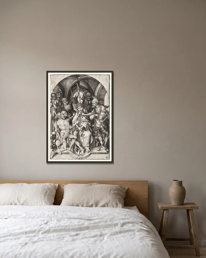 Christus mit der Dornenkrone von Martin Schongauer gerahmt an einer Wand
