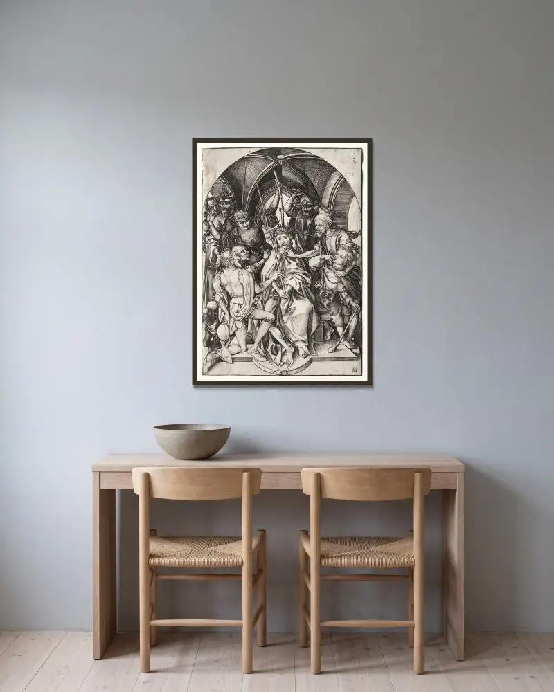 Christus mit der Dornenkrone von Martin Schongauer gerahmt an einer Wand