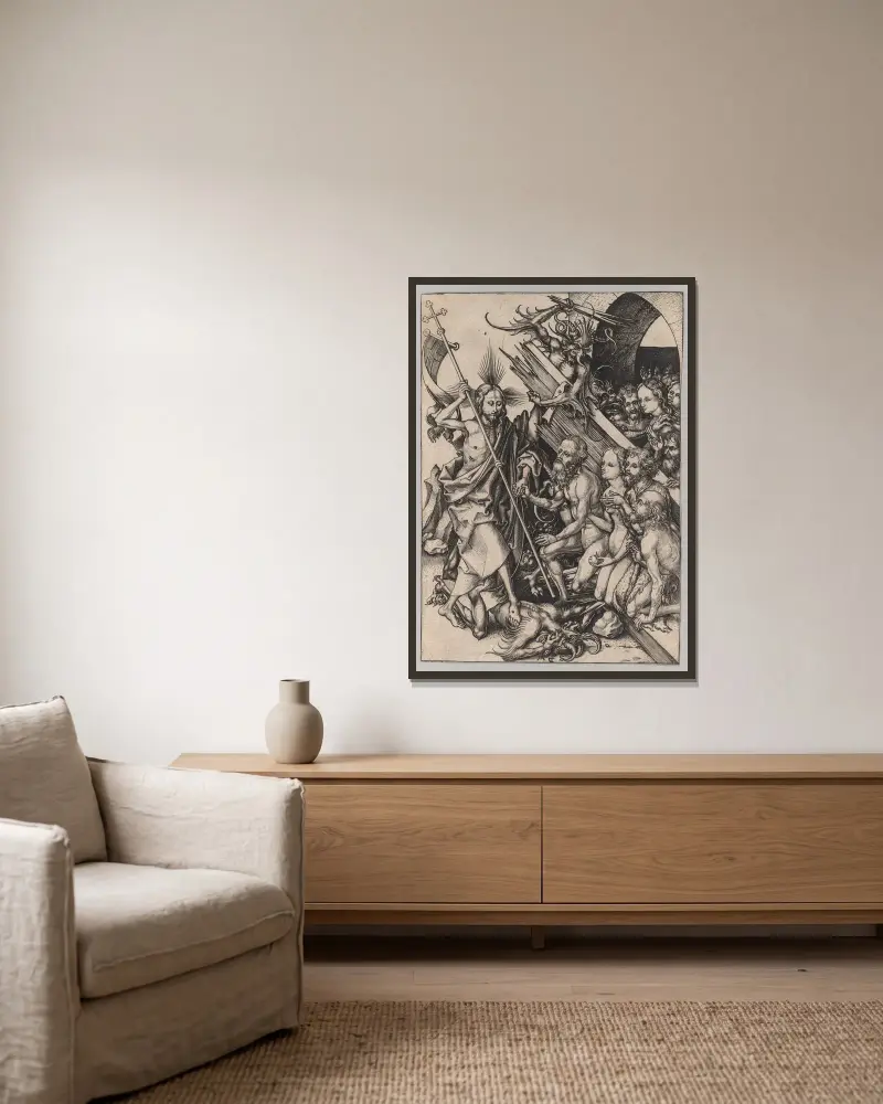 Christ in Limbo av Martin Schongauer inramad på en vägg