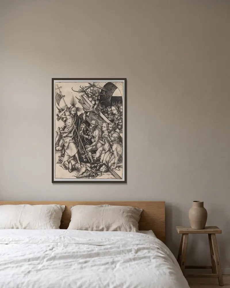 Christ in Limbo av Martin Schongauer inramad på en vägg