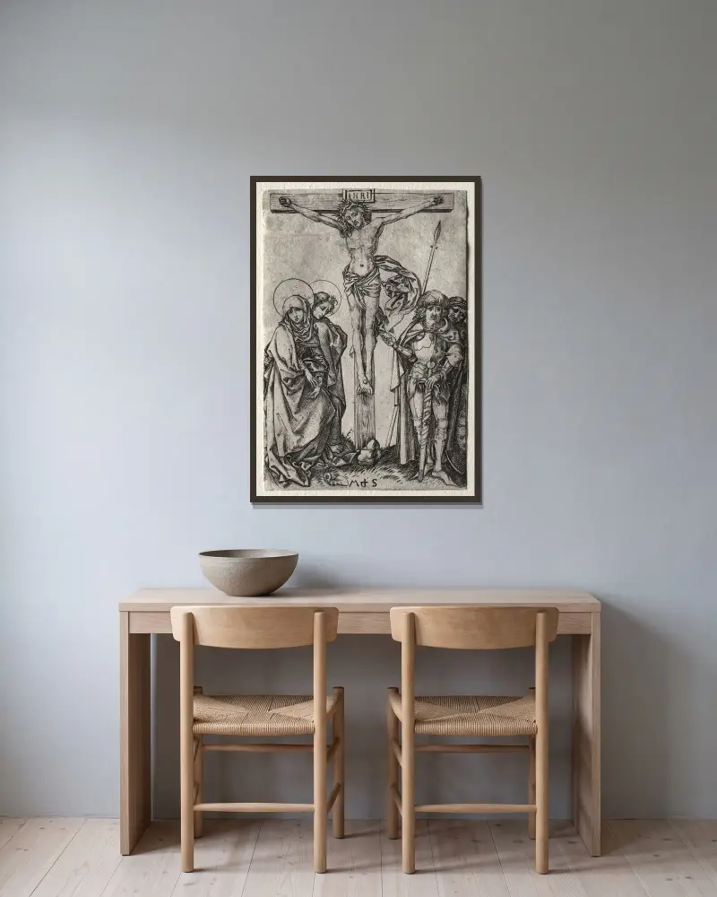 Kristus på korset av Martin Schongauer inramad på en vägg