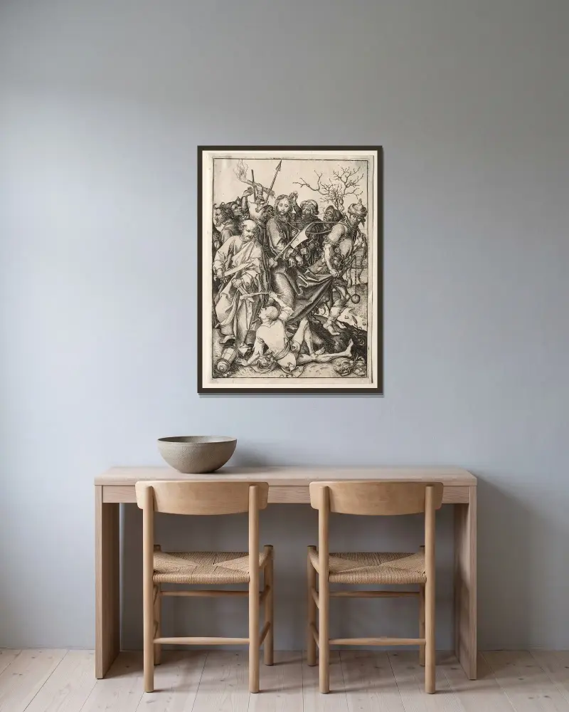 Gefangennahme Christi von Martin Schongauer gerahmt an einer Wand