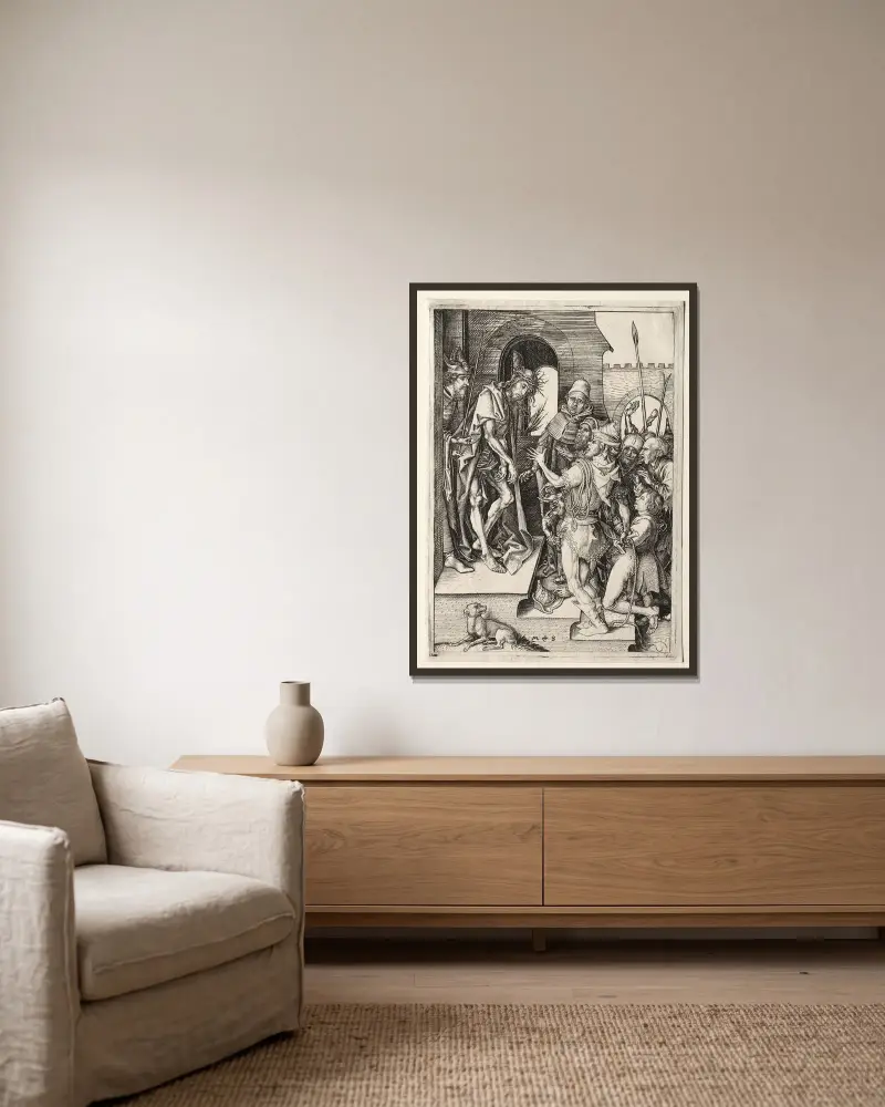 Ecce Homo av Martin Schongauer inramad på en vägg