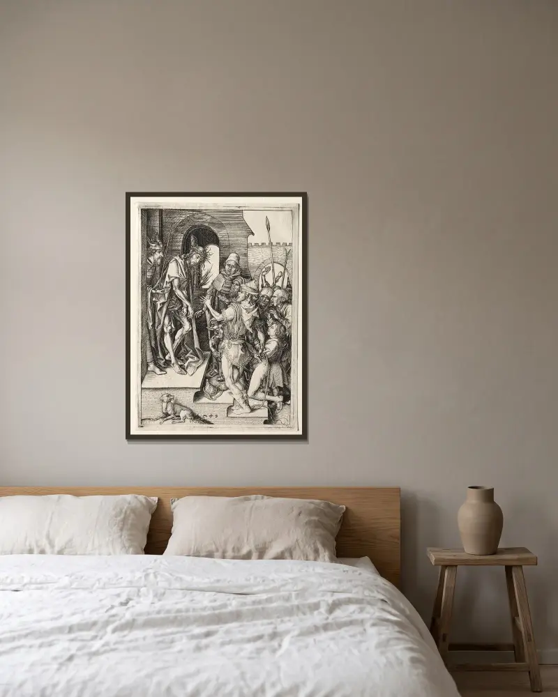 Ecce Homo av Martin Schongauer inramad på en vägg