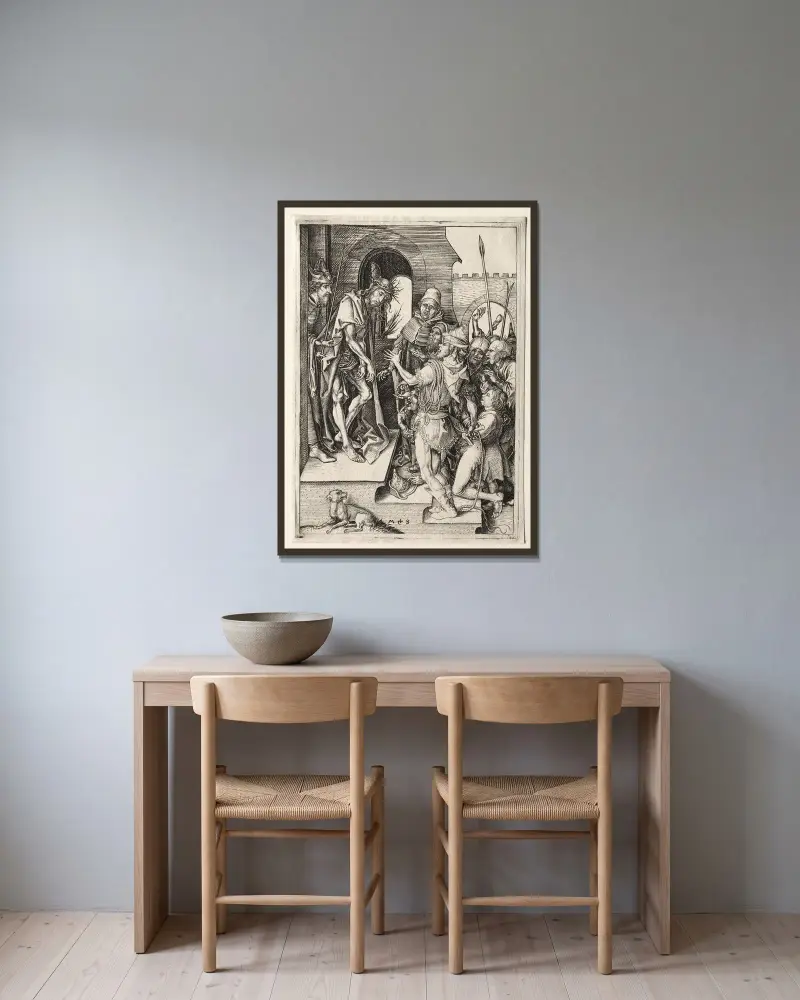 Ecce Homo av Martin Schongauer inramad på en vägg