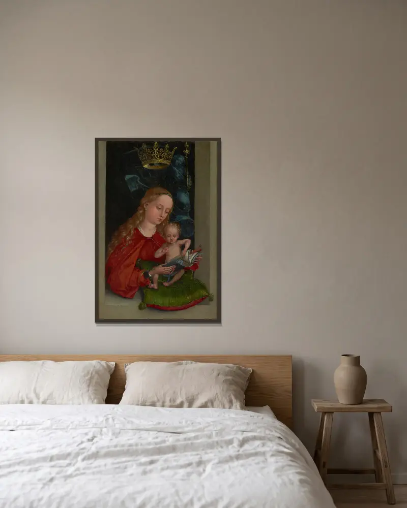 Madonna and Child in a Window av Martin Schongauer inramad på en vägg