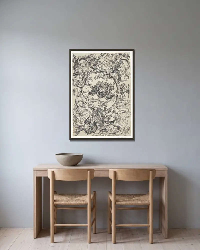 Ornament med fugle, der spotter en ugle av Martin Schongauer inramad på en vägg
