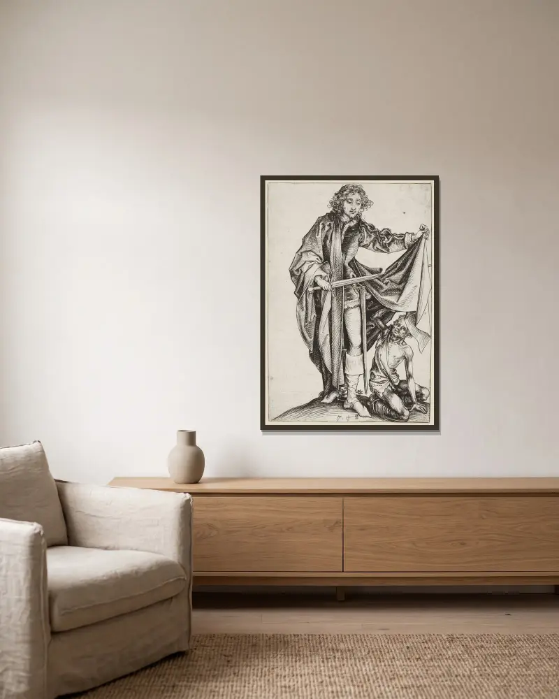 Sankt Martin och tiggaren av Martin Schongauer inramad på en vägg
