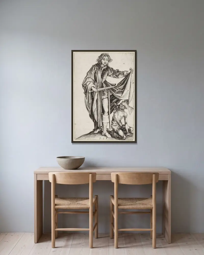 Sankt Martin och tiggaren av Martin Schongauer inramad på en vägg