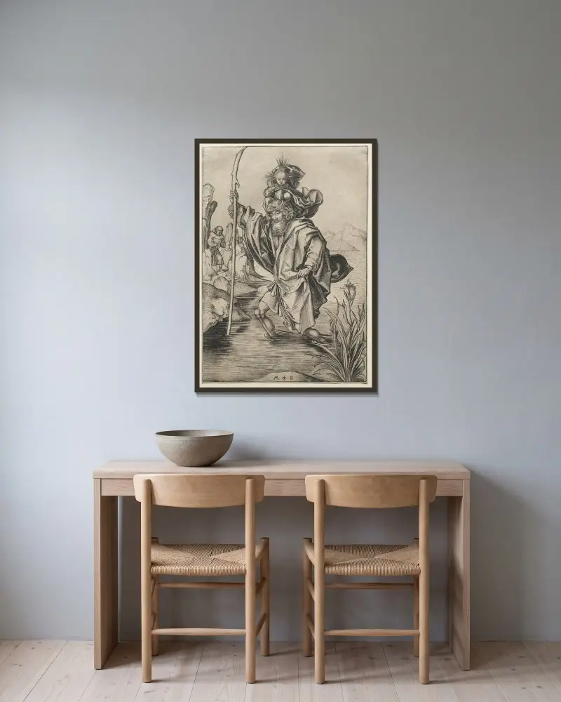 Sankt Kristoffer av Martin Schongauer inramad på en vägg