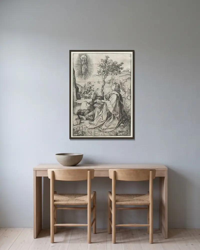 Johannes der Evangelist auf Patmos von Martin Schongauer gerahmt an einer Wand