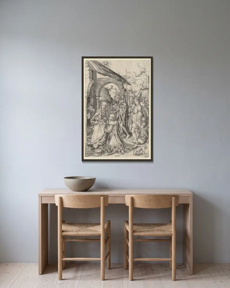 The Adoration of the Magi av Martin Schongauer inramad på en vägg