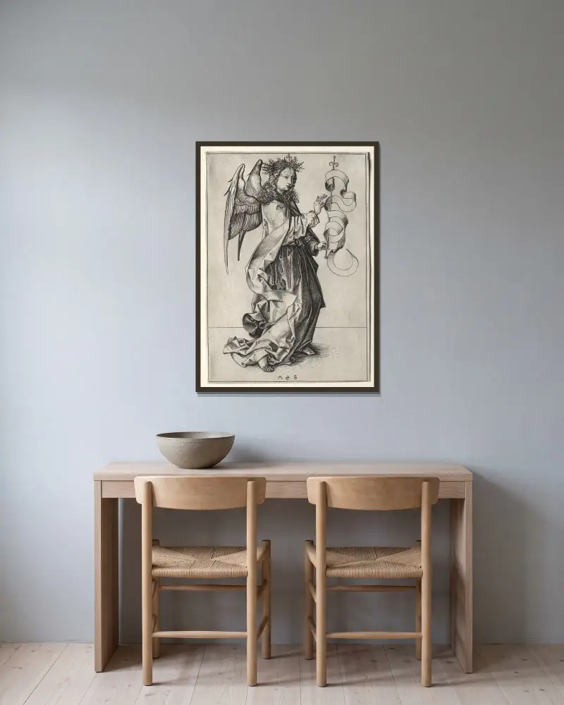 Ängeln från Bebådelsen av Martin Schongauer inramad på en vägg