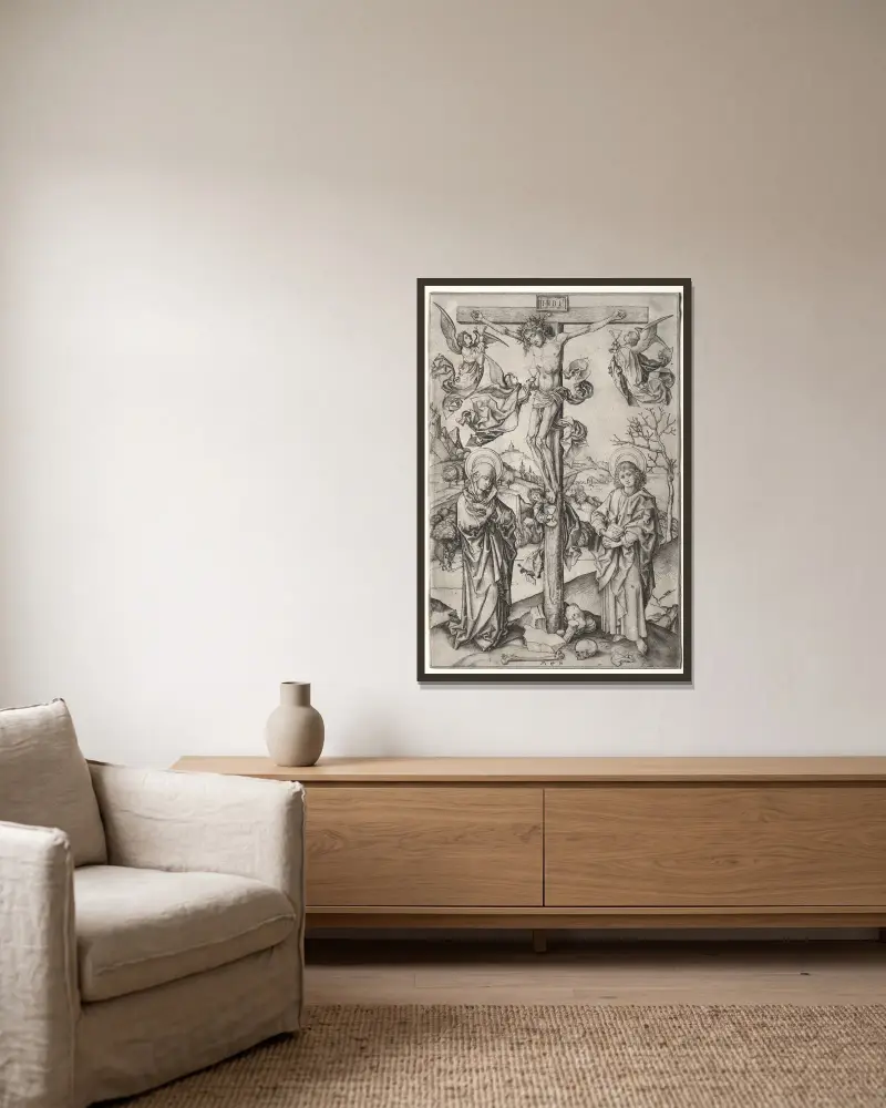 The Crucifixion with Four Angels av Martin Schongauer inramad på en vägg