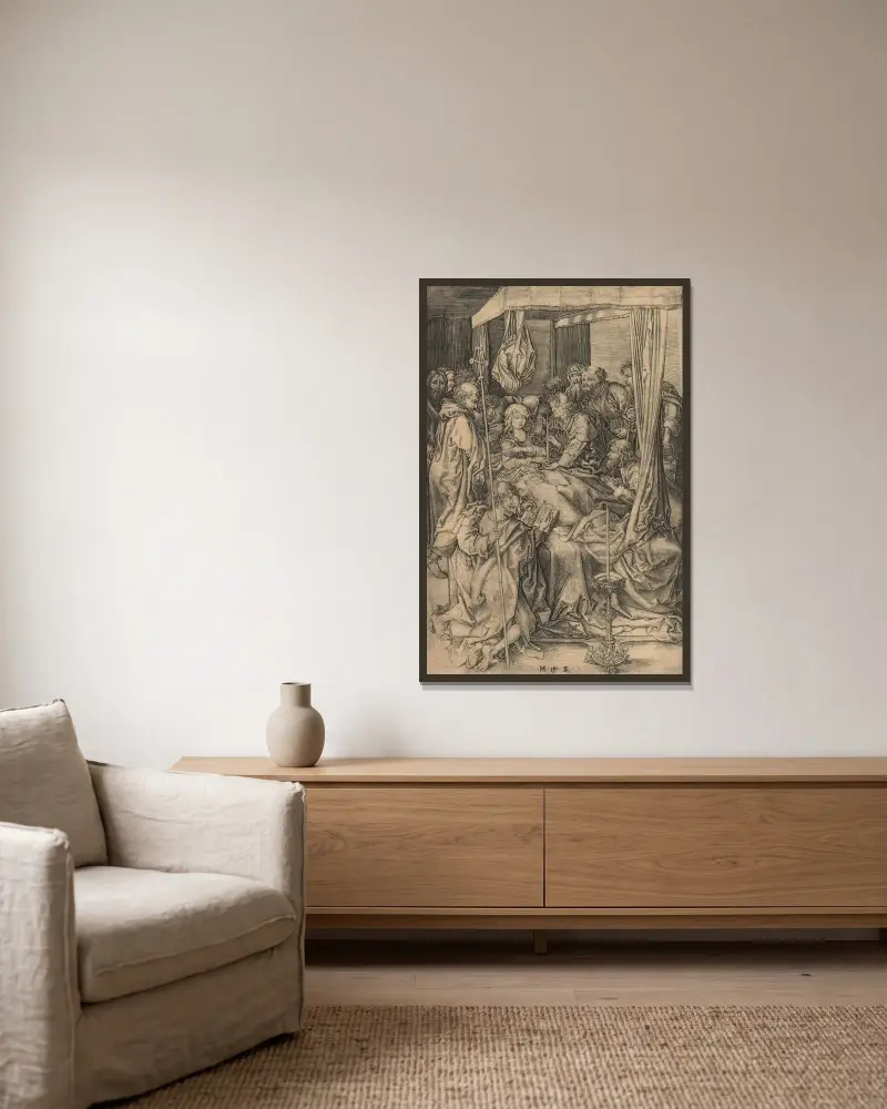 Jungfruns död av Martin Schongauer inramad på en vägg