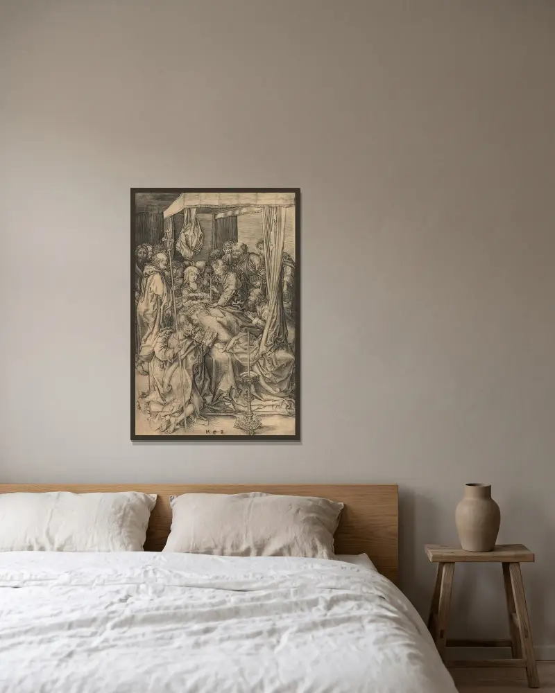 Jungfruns död av Martin Schongauer inramad på en vägg