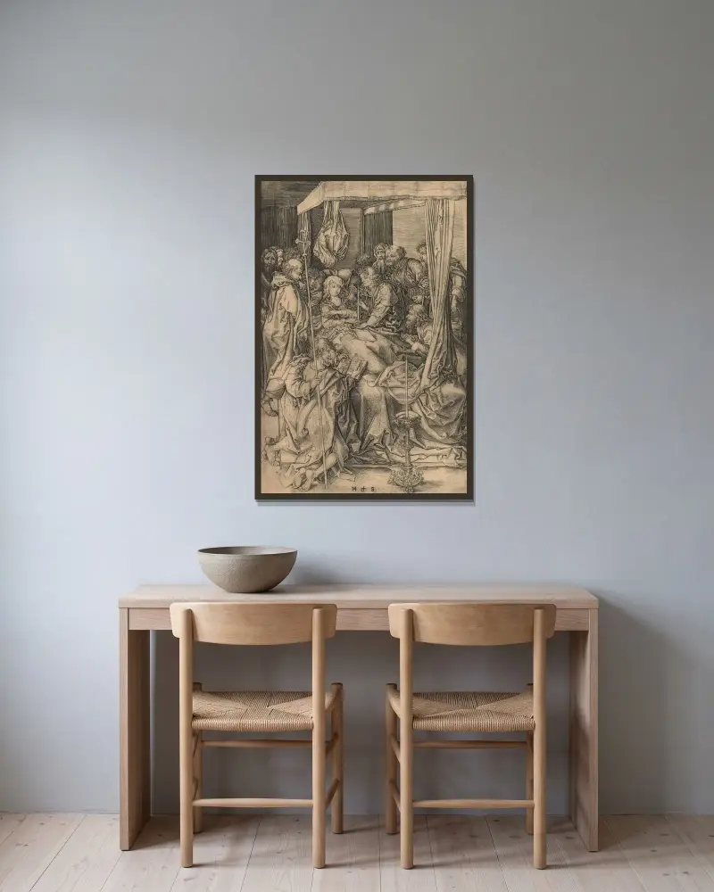 Jungfruns död av Martin Schongauer inramad på en vägg