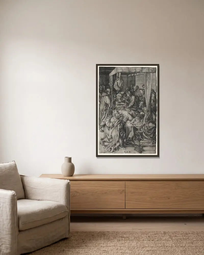 The Death of the Virgin av Martin Schongauer inramad på en vägg