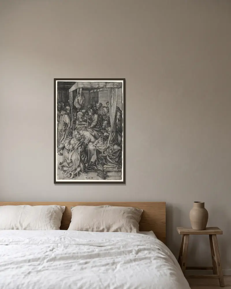 The Death of the Virgin av Martin Schongauer inramad på en vägg
