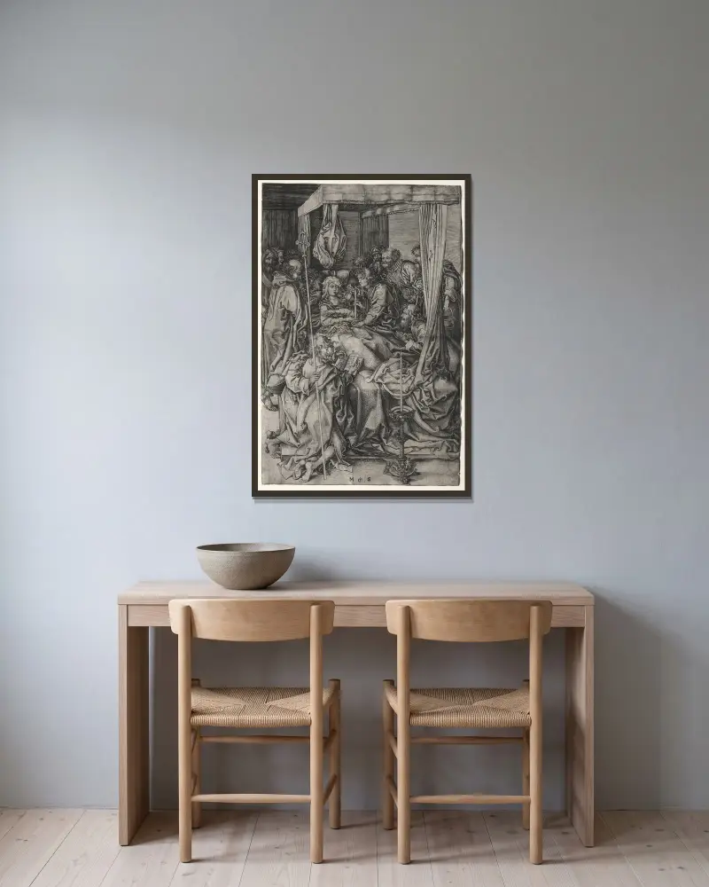 The Death of the Virgin av Martin Schongauer inramad på en vägg