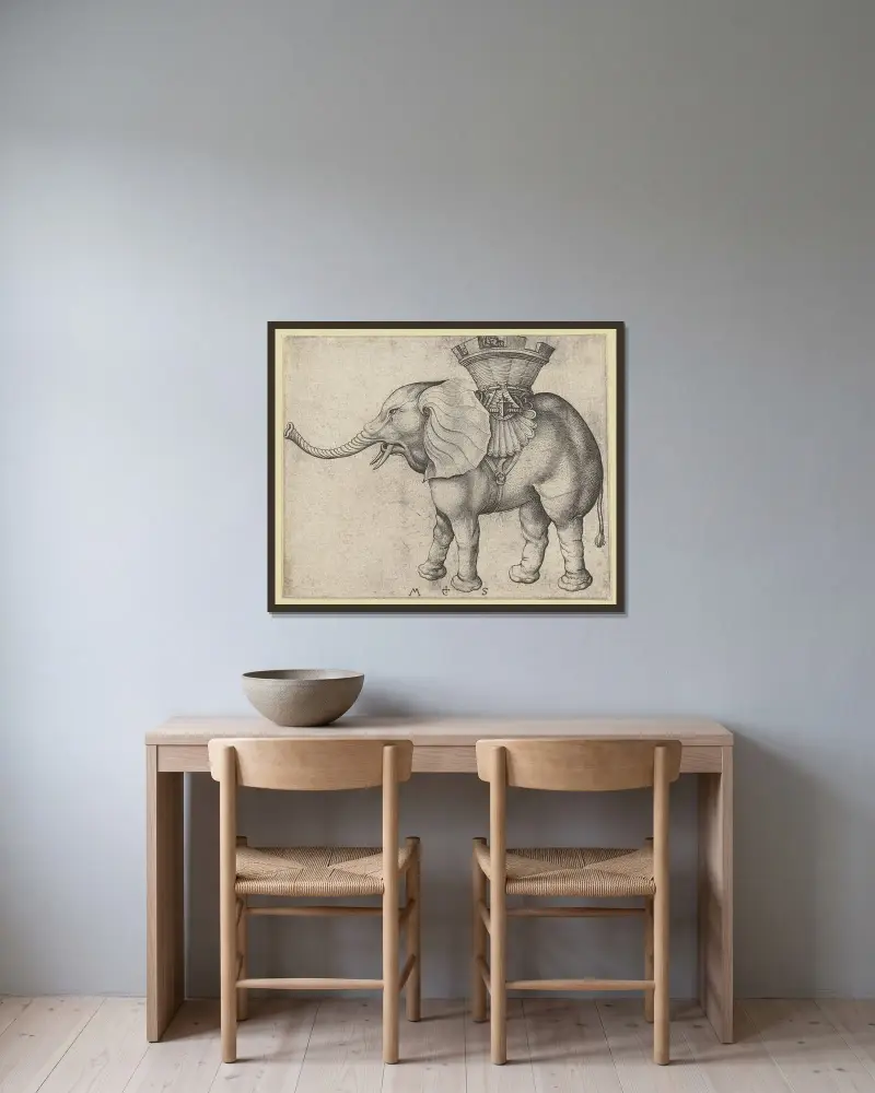 Elefanten av Martin Schongauer inramad på en vägg