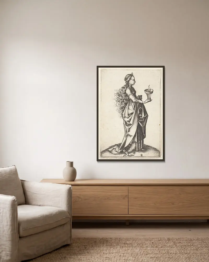 Die fünfte kluge Jungfrau von Martin Schongauer gerahmt an einer Wand