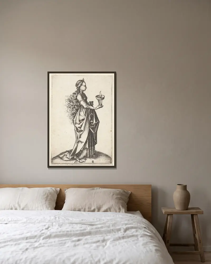 Die fünfte kluge Jungfrau von Martin Schongauer gerahmt an einer Wand