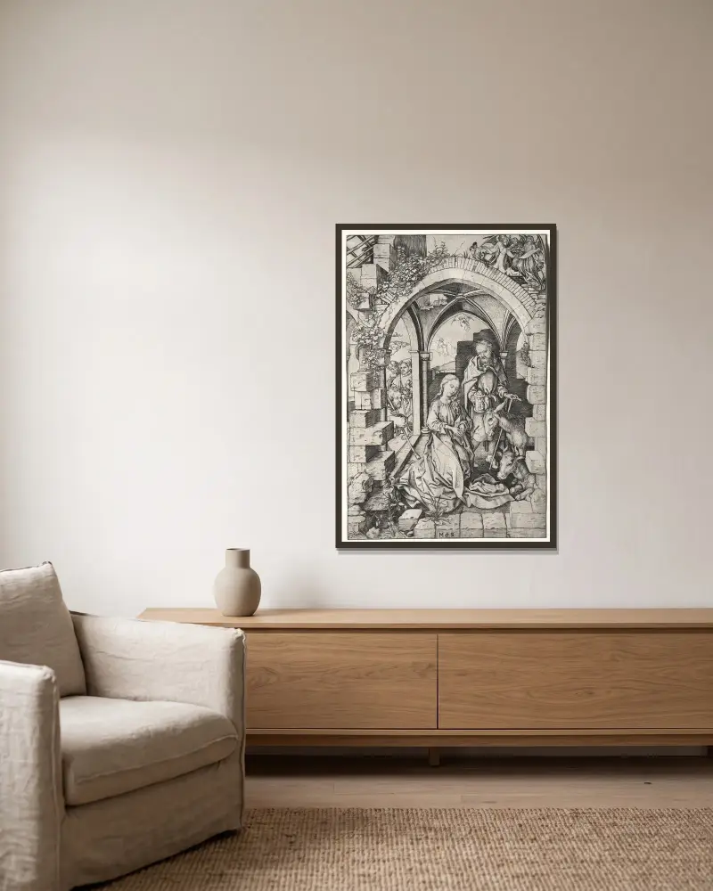 Die Geburt Christi, 1470 – Nr. 2 von Martin Schongauer gerahmt an einer Wand
