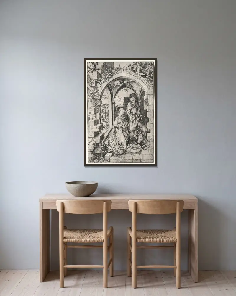 Die Geburt Christi, 1470 – Nr. 2 von Martin Schongauer gerahmt an einer Wand
