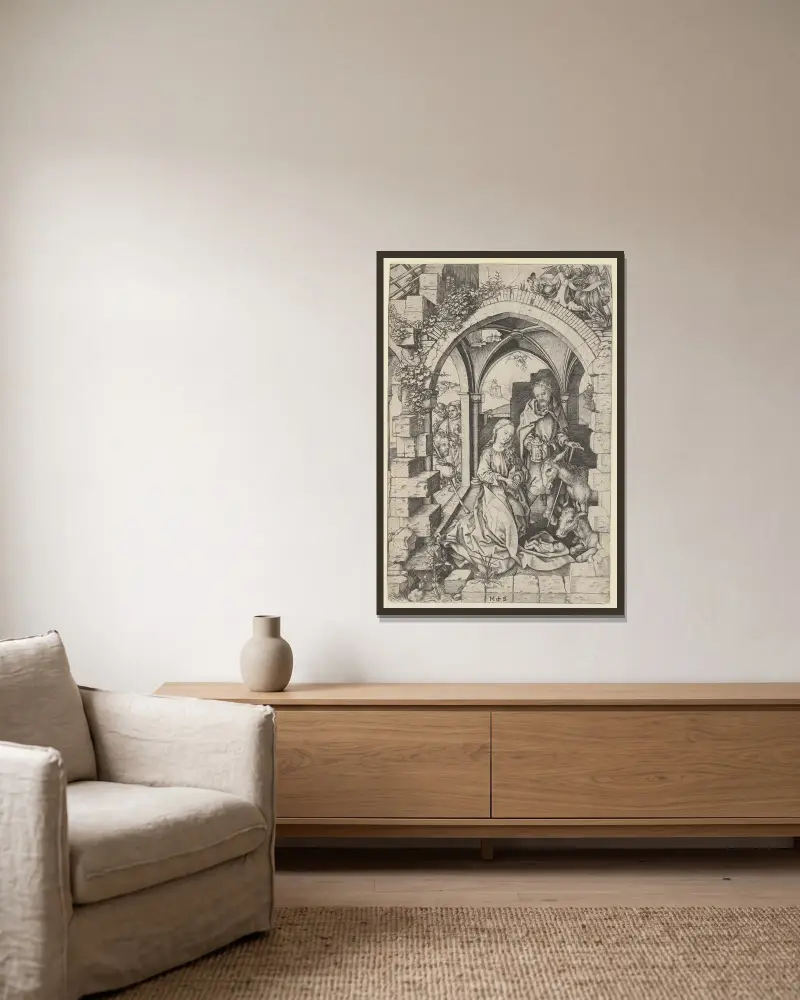 Die Geburt Christi, 1470 – Nr. 1 von Martin Schongauer gerahmt an einer Wand