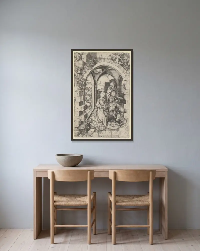 Die Geburt Christi, 1470 – Nr. 1 von Martin Schongauer gerahmt an einer Wand