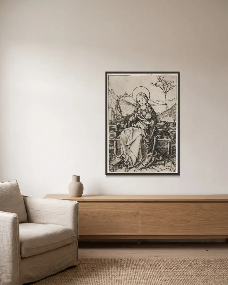 The Virgin and Child on a Grassy Bank av Martin Schongauer inramad på en vägg
