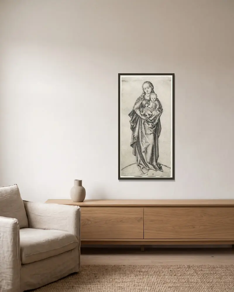 Madonnan med barnet och äpplet av Martin Schongauer inramad på en vägg