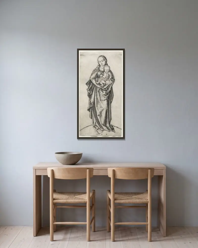 Madonnan med barnet och äpplet av Martin Schongauer inramad på en vägg