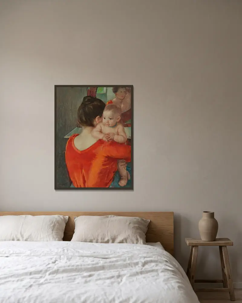 Baby Charles Looking Over His Mother’s Shoulder av Mary Cassatt inramad på en vägg
