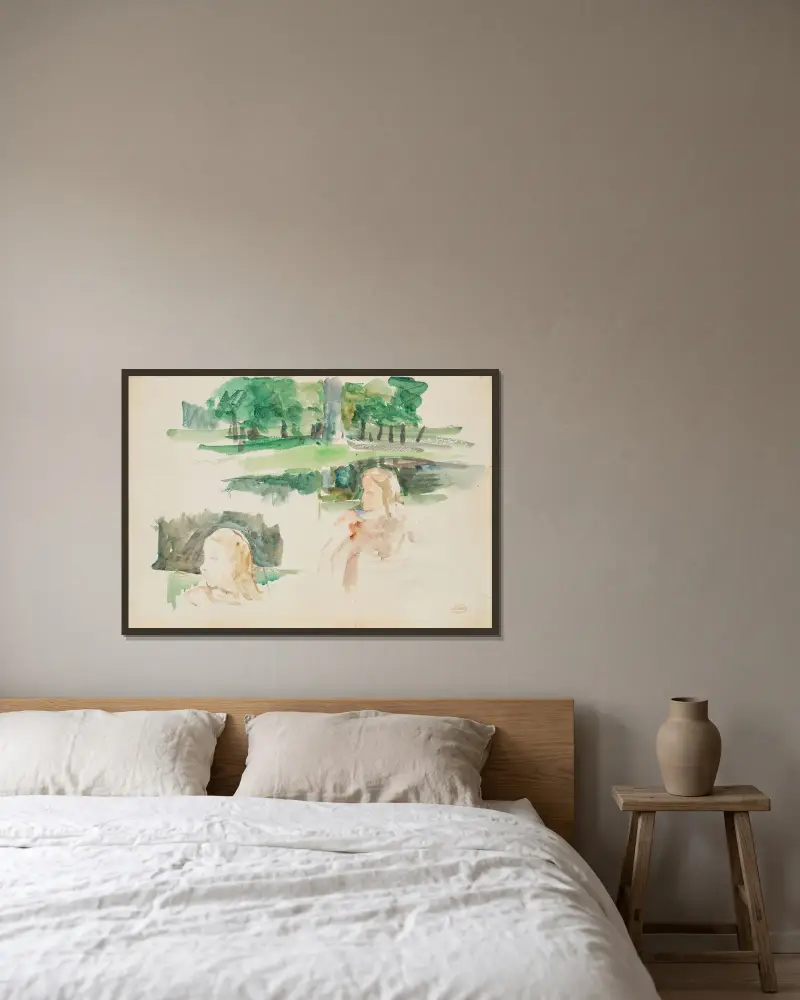 Studie av landskap vid floden med barn, 1910 – nr 2 av Mary Cassatt inramad på en vägg