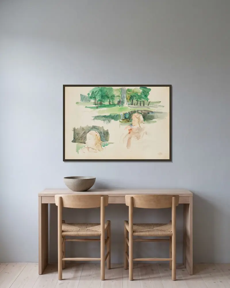 Studie av landskap vid floden med barn, 1910 – nr 2 av Mary Cassatt inramad på en vägg