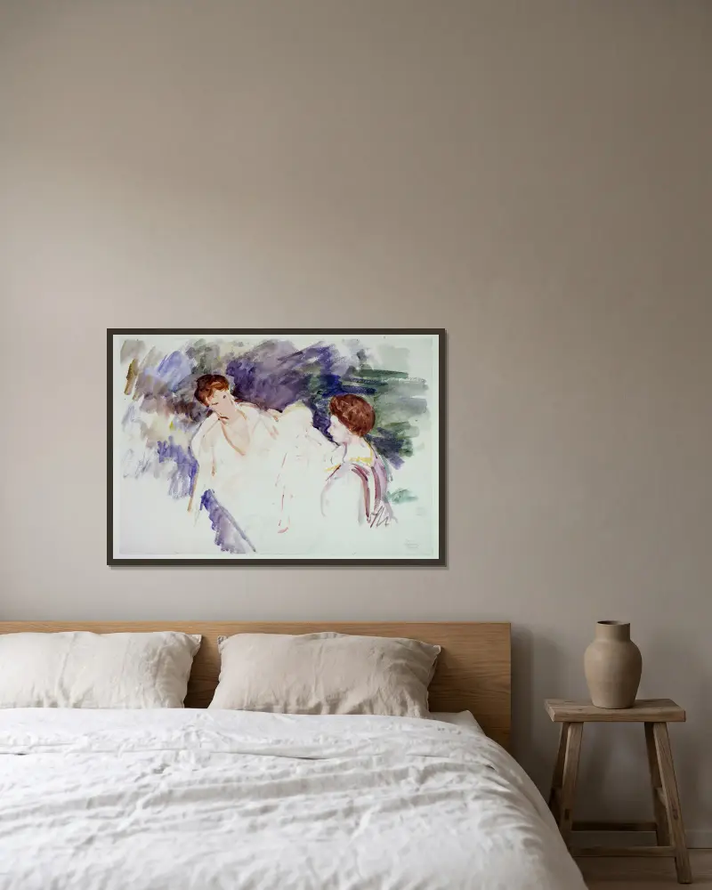 Studie till ”Badet”: två kvinnor och ett barn i en båt av Mary Cassatt inramad på en vägg