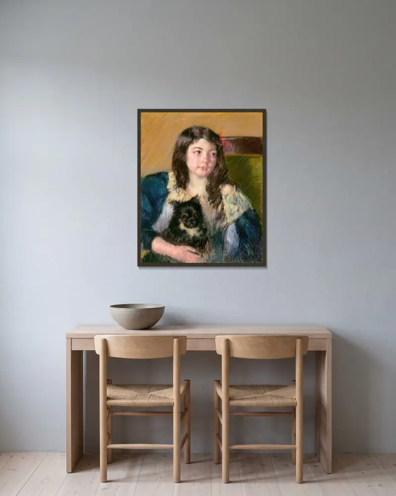 Françoise, Holding a Little Dog, Looking Far to the Right av Mary Cassatt inramad på en vägg