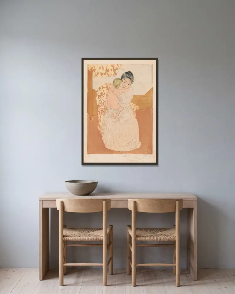 Mateřské mazlení, 1891, Mary Cassatt v rámu na stěně