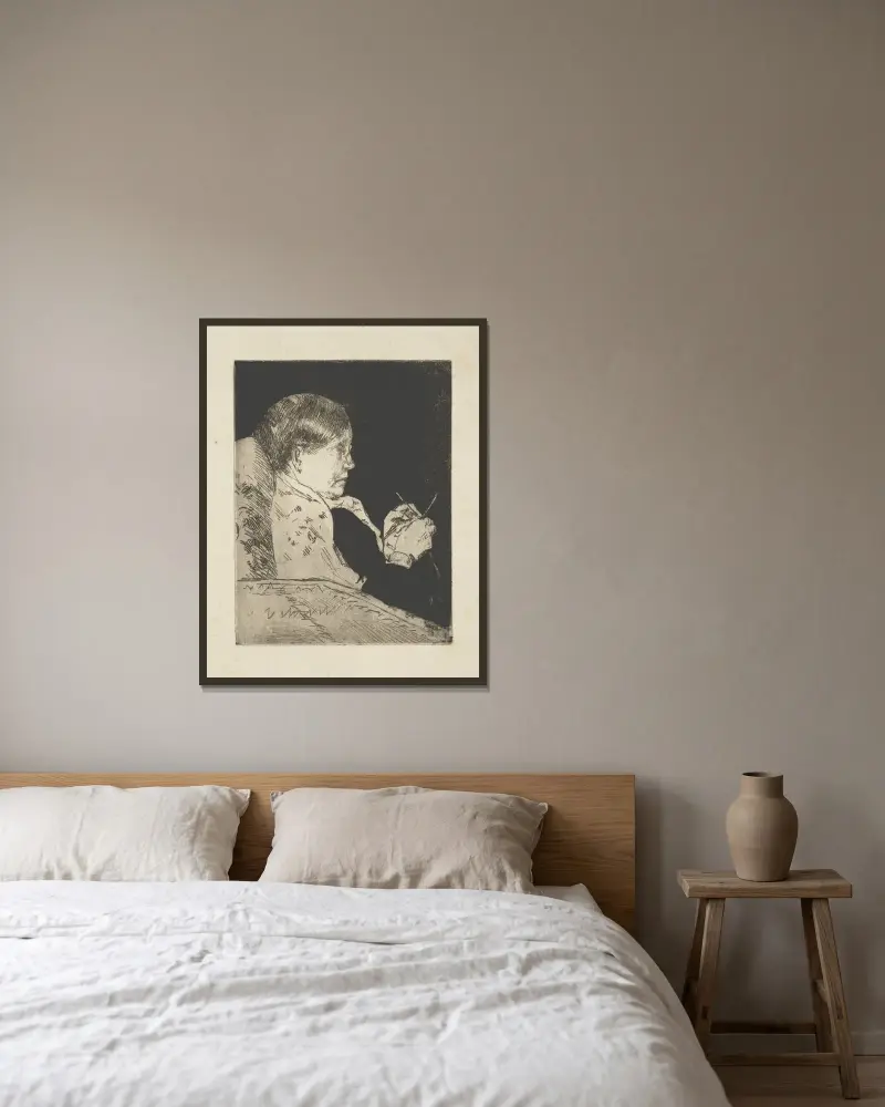 Mrs. Cassatt knitting, profile view av Mary Cassatt inramad på en vägg