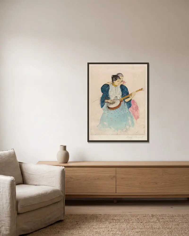 Der Banjounterricht von Mary Cassatt gerahmt an einer Wand