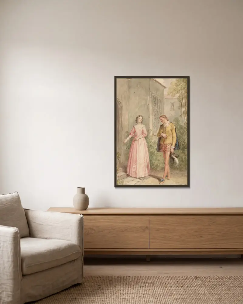 Illustration till Shakespeares Muntra fruarna i Windsor – akt 1, scen 1 – nr 2 av John Massey Wright inramad på en vägg