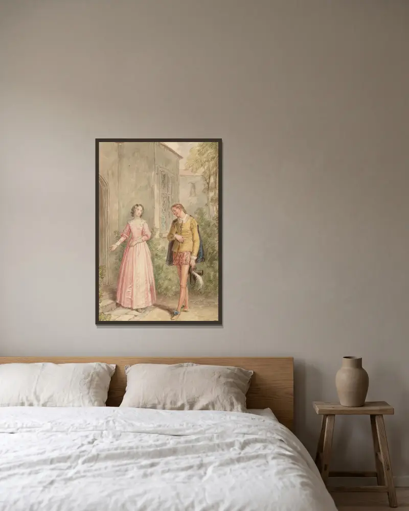Illustration till Shakespeares Muntra fruarna i Windsor – akt 1, scen 1 – nr 2 av John Massey Wright inramad på en vägg