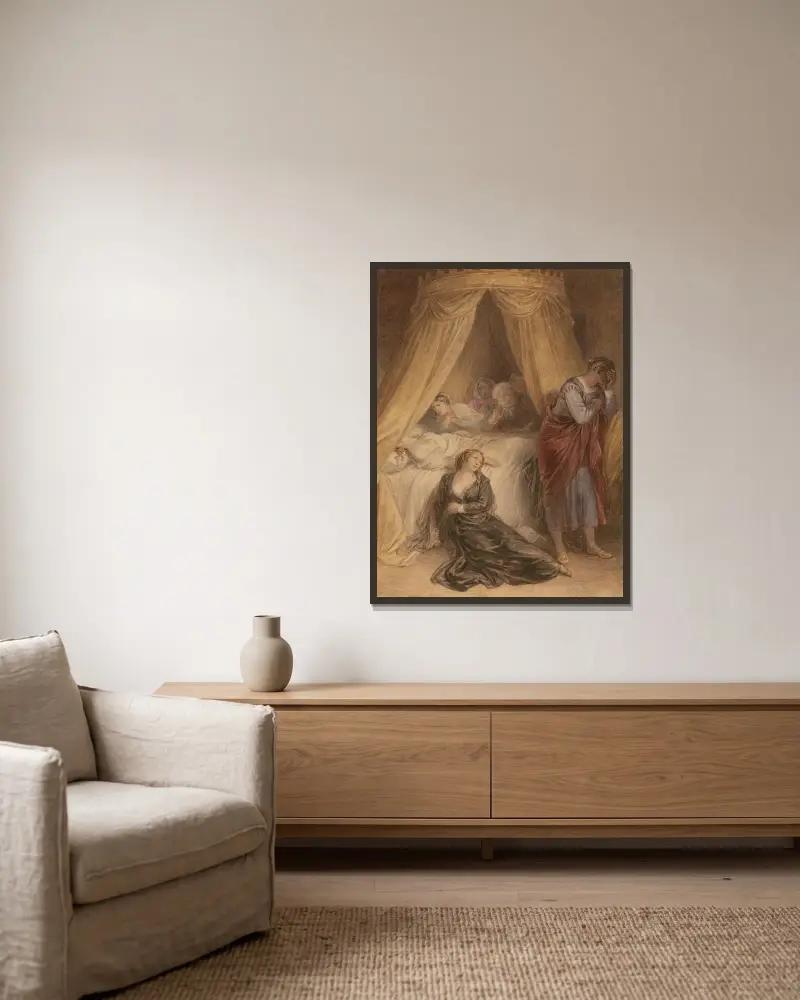 Illustrationen zu Shakespeare Taf. 003 von John Massey Wright gerahmt an einer Wand