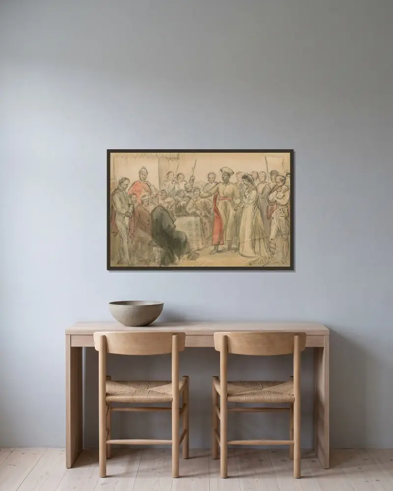 Illustrationer till Shakespeare av John Massey Wright inramad på en vägg