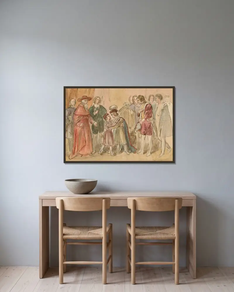 Illustrationer till Shakespeare pl. 036 av John Massey Wright inramad på en vägg