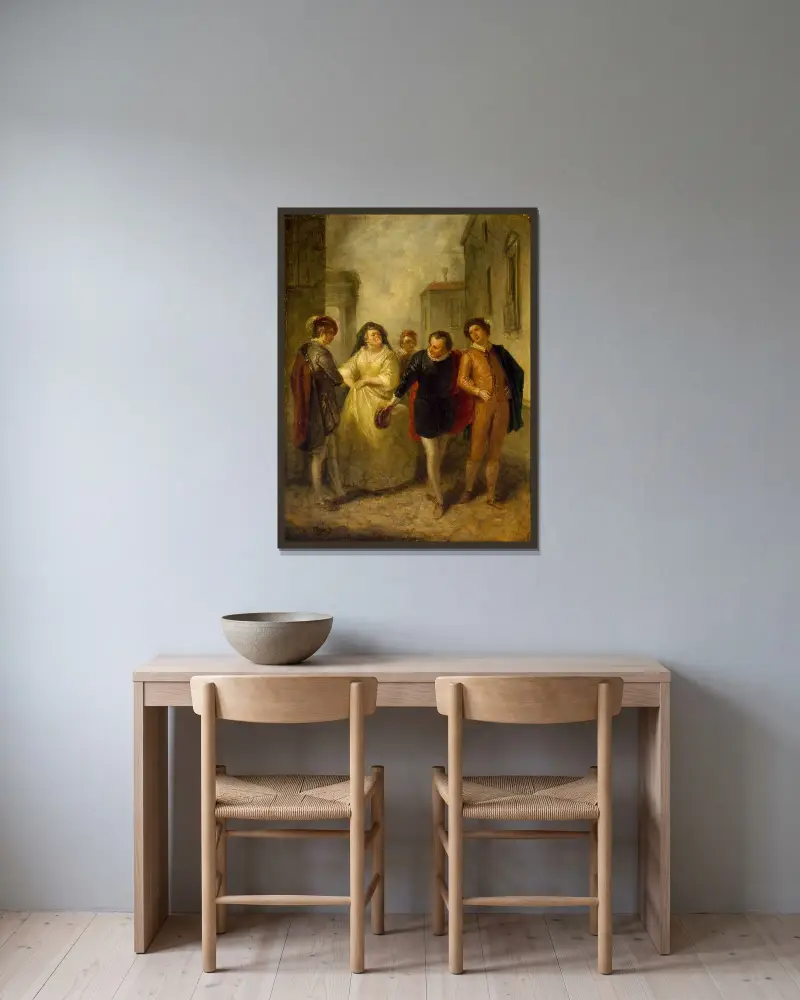 Mercutio tar farväl av Juliets amma av John Massey Wright inramad på en vägg