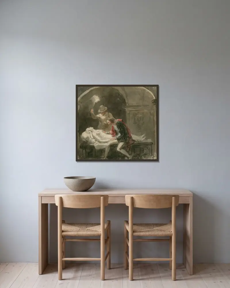 Scener ur Romeo och Julia av John Massey Wright inramad på en vägg
