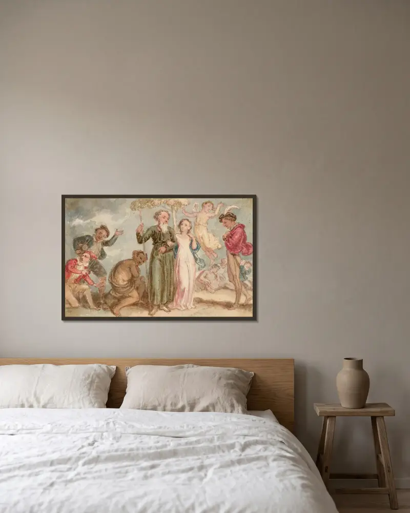 Scener ur Stormen och En midsommarnattsdröm av John Massey Wright inramad på en vägg